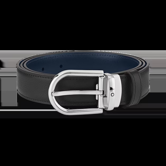 Horseshoe buckle black/blue 30 mm reversible leather belt