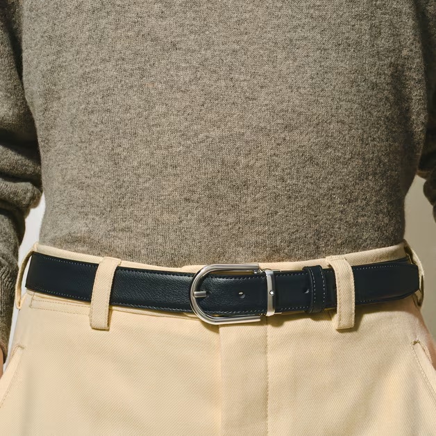 Horseshoe buckle black/blue 30 mm reversible leather belt